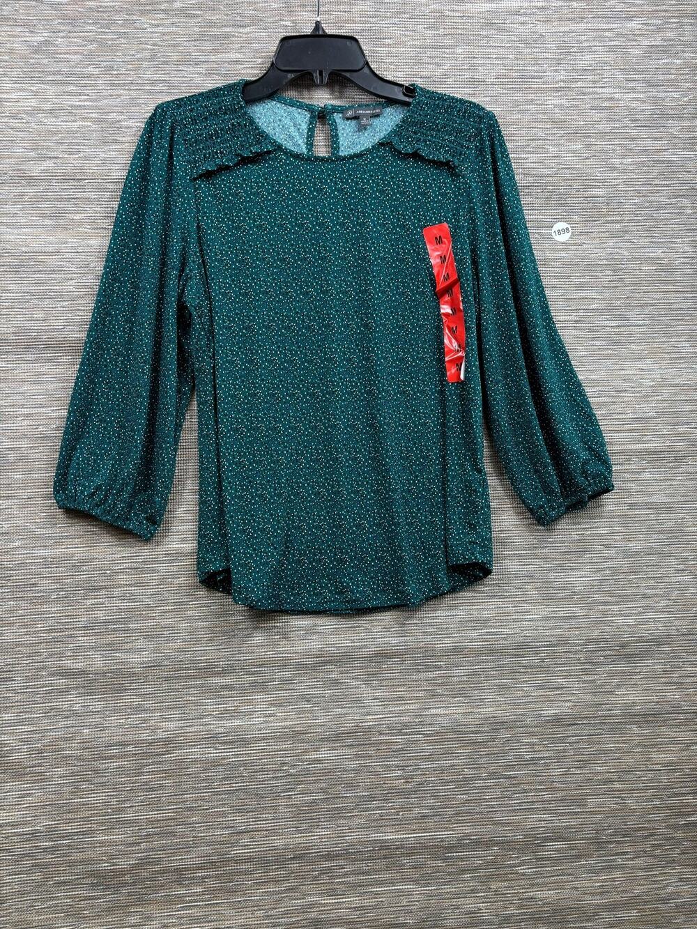 Adrianna Papell Blouse Womens M Green 3/4 Sleeve Polka Dot Ruffle Stretch Jersey